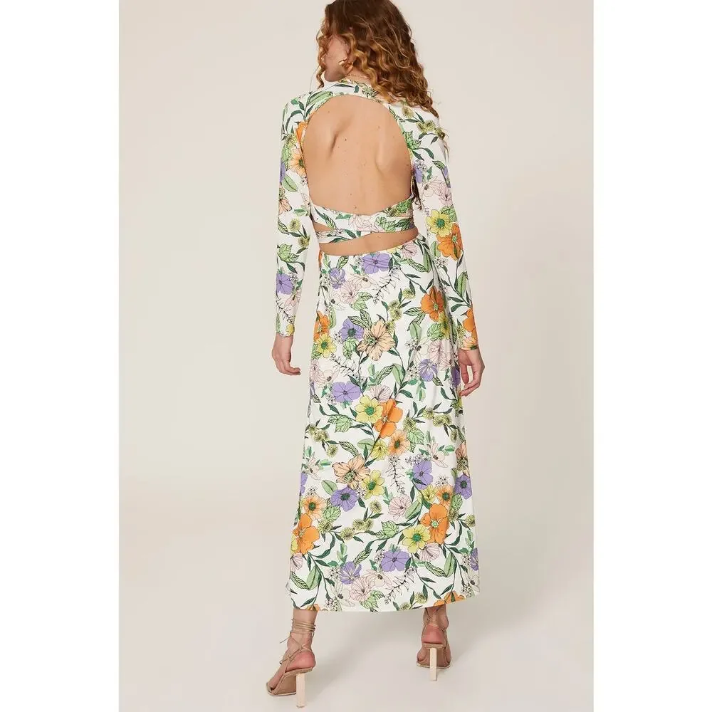 AFRM White Vintage Floral Assi Long Sleeve Cutout V Neck Open Back Maxi Dress XS